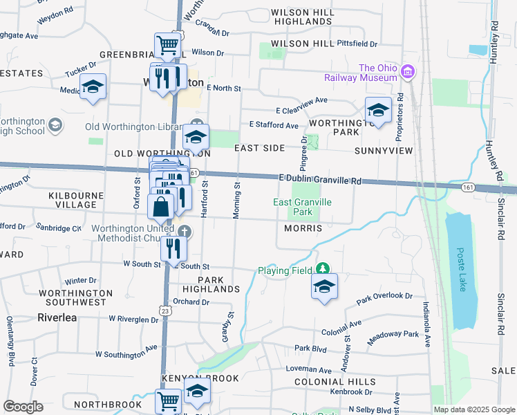 map of restaurants, bars, coffee shops, grocery stores, and more near 174 East New England Avenue in Worthington