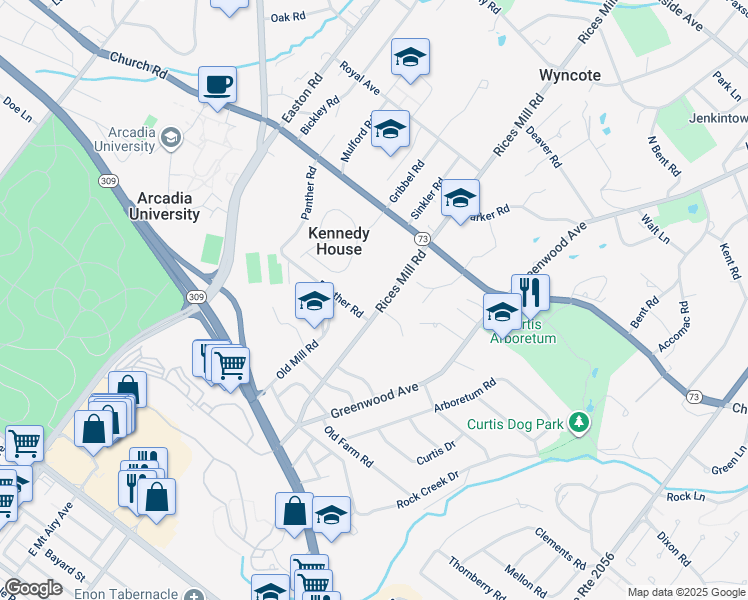 map of restaurants, bars, coffee shops, grocery stores, and more near 436 Rices Mill Road in Wyncote