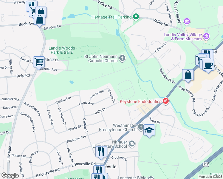 map of restaurants, bars, coffee shops, grocery stores, and more near 2031 Bonnie Drive in Lancaster