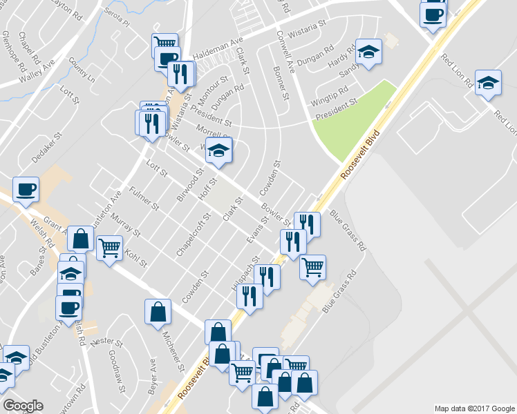 map of restaurants, bars, coffee shops, grocery stores, and more near 2114 Bowler Street in Philadelphia
