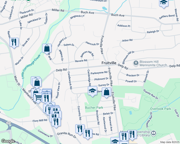 map of restaurants, bars, coffee shops, grocery stores, and more near 445 Parkwynne Road in Lancaster