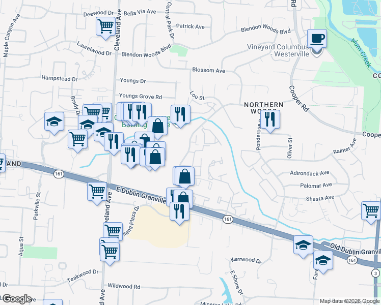 map of restaurants, bars, coffee shops, grocery stores, and more near 5664 Forest Hills Boulevard in Columbus