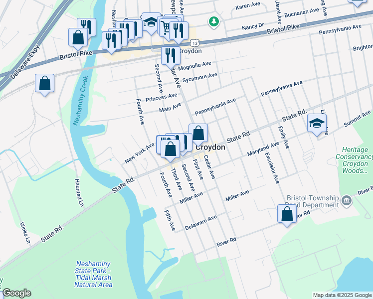 map of restaurants, bars, coffee shops, grocery stores, and more near 728 First Avenue in Croydon