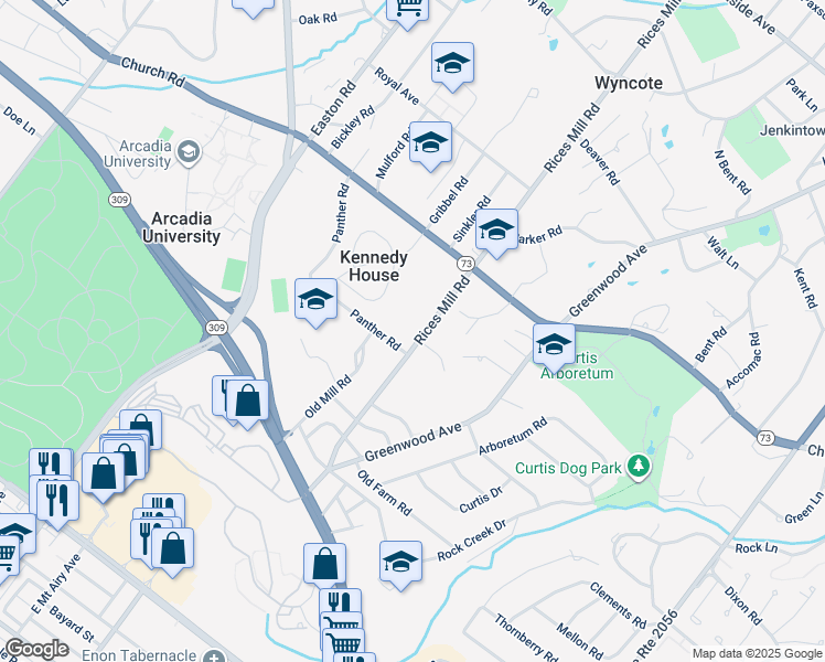 map of restaurants, bars, coffee shops, grocery stores, and more near 436 Rices Mill Road in Wyncote