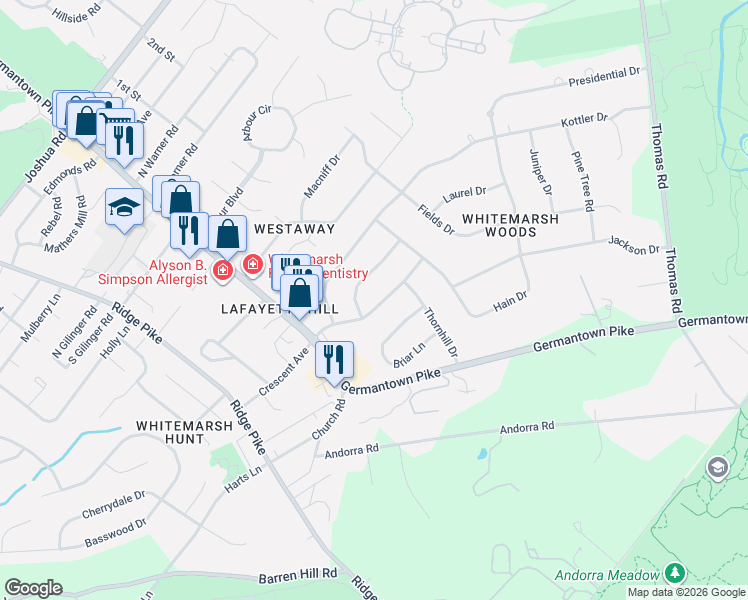map of restaurants, bars, coffee shops, grocery stores, and more near 4024 Woodruff Road in Lafayette Hill