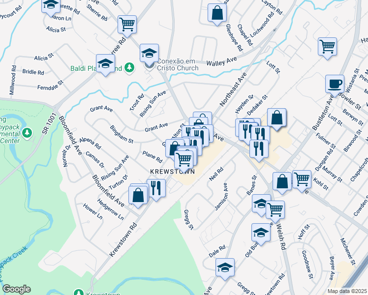 map of restaurants, bars, coffee shops, grocery stores, and more near 9410 Krewstown Road in Philadelphia