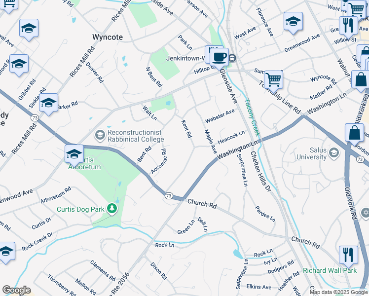 map of restaurants, bars, coffee shops, grocery stores, and more near 200 Kent Road in Wyncote