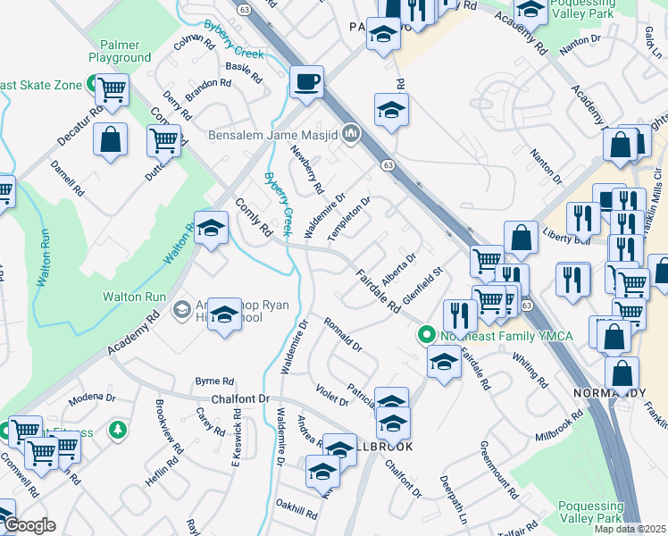map of restaurants, bars, coffee shops, grocery stores, and more near 11924 Covert Road in Philadelphia