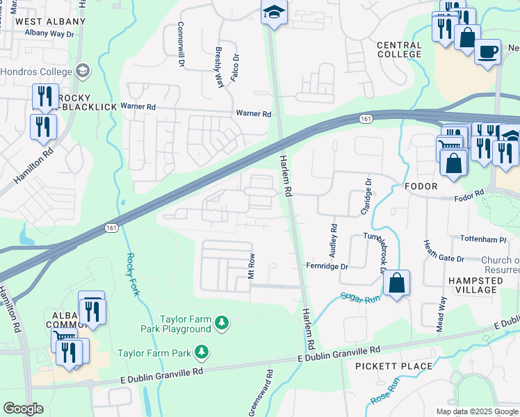 map of restaurants, bars, coffee shops, grocery stores, and more near Albany Ridge in Columbus