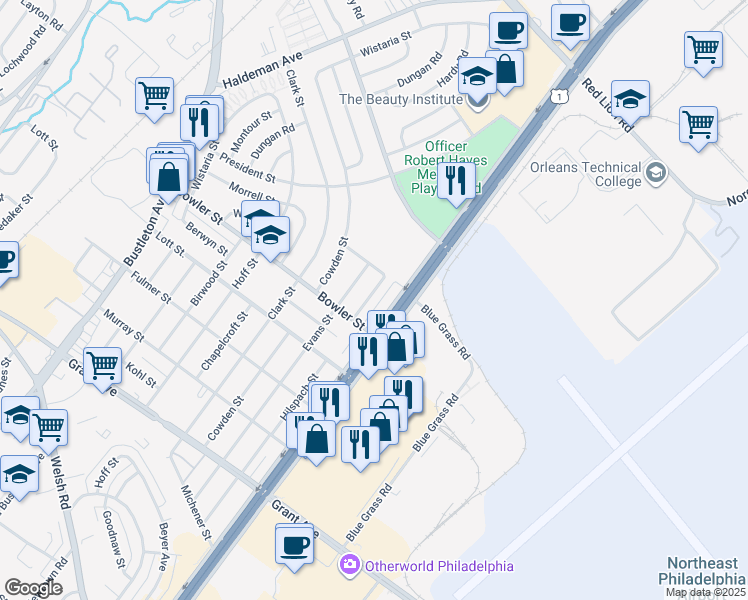 map of restaurants, bars, coffee shops, grocery stores, and more near 9778 Hilspach Street in Philadelphia