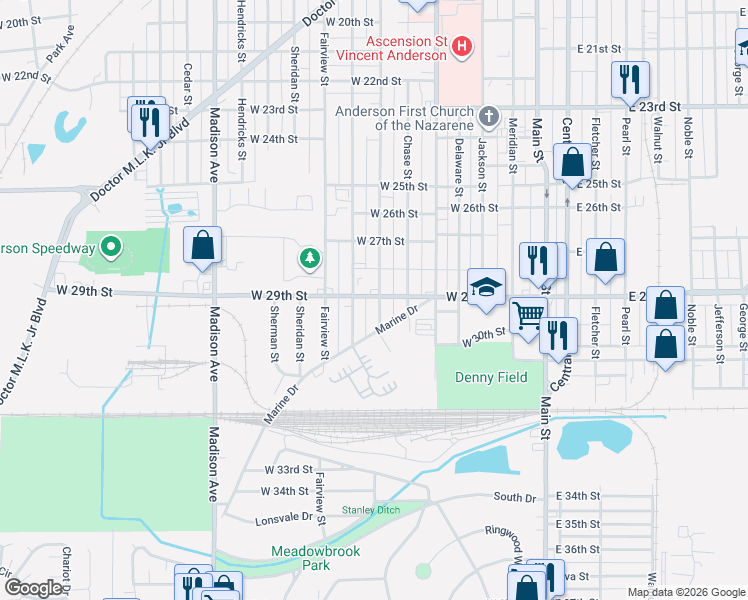 map of restaurants, bars, coffee shops, grocery stores, and more near 2903 Lincoln Street in Anderson