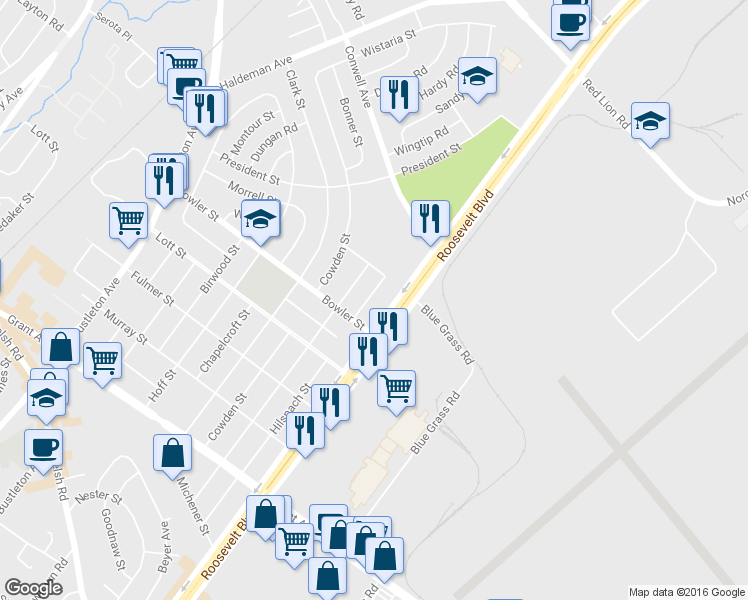 map of restaurants, bars, coffee shops, grocery stores, and more near 9778 Hilspach Street in Philadelphia