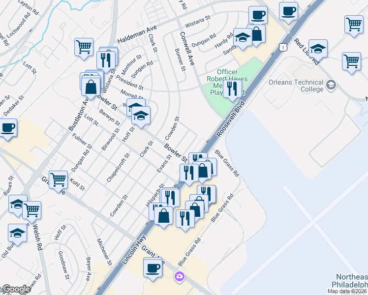 map of restaurants, bars, coffee shops, grocery stores, and more near 9778 Hilspach Street in Philadelphia