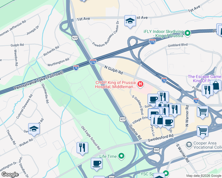 map of restaurants, bars, coffee shops, grocery stores, and more near 1211 Reed Alley in King of Prussia