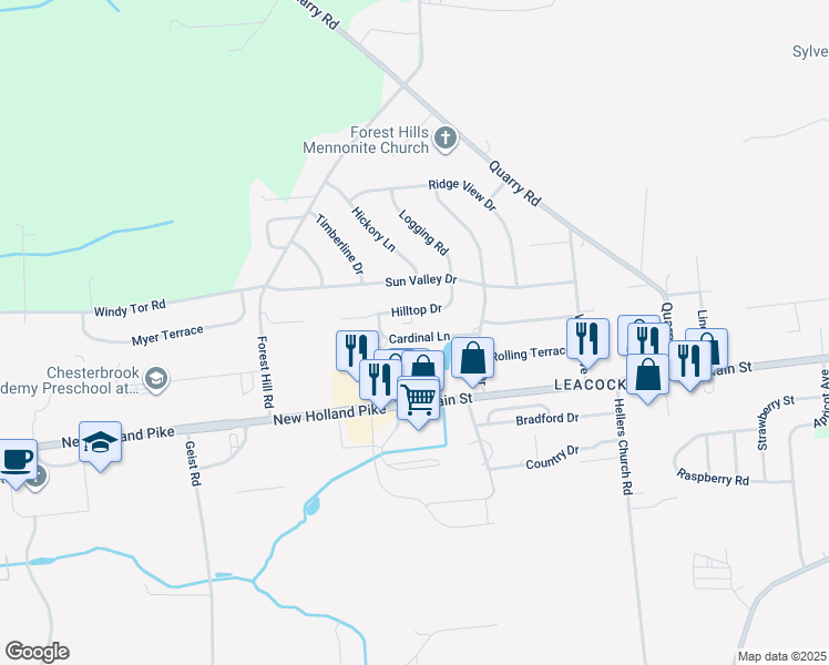 map of restaurants, bars, coffee shops, grocery stores, and more near 329 Cardinal Lane in Leola