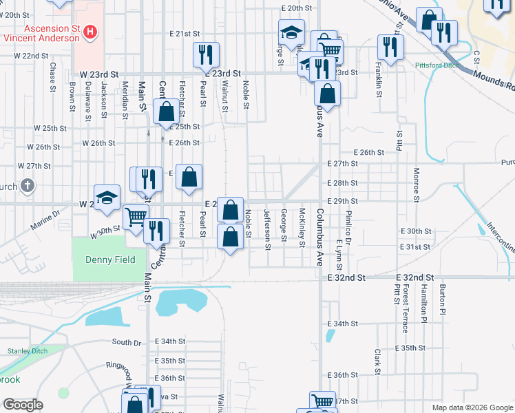 map of restaurants, bars, coffee shops, grocery stores, and more near 610 East 29th Street in Anderson