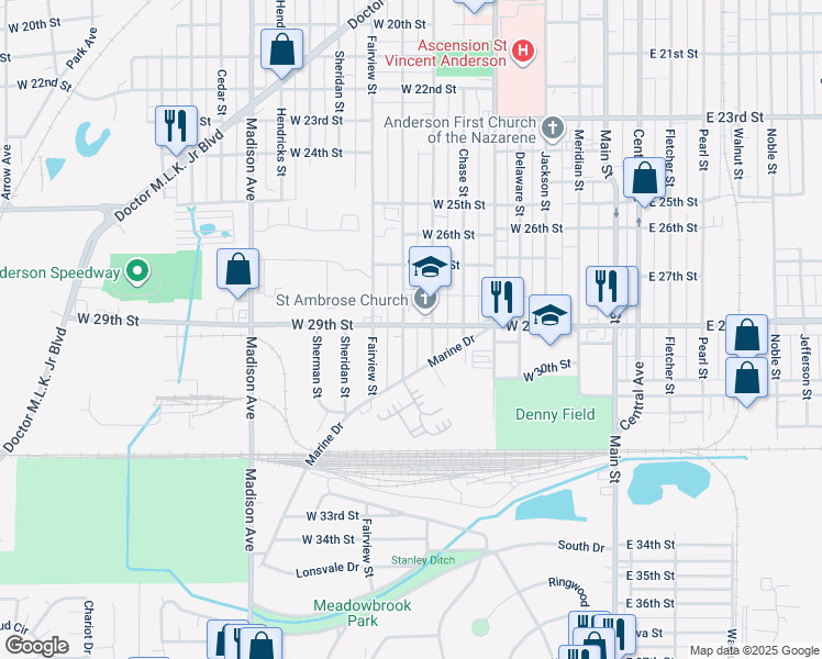 map of restaurants, bars, coffee shops, grocery stores, and more near 2827 Morton Street in Anderson