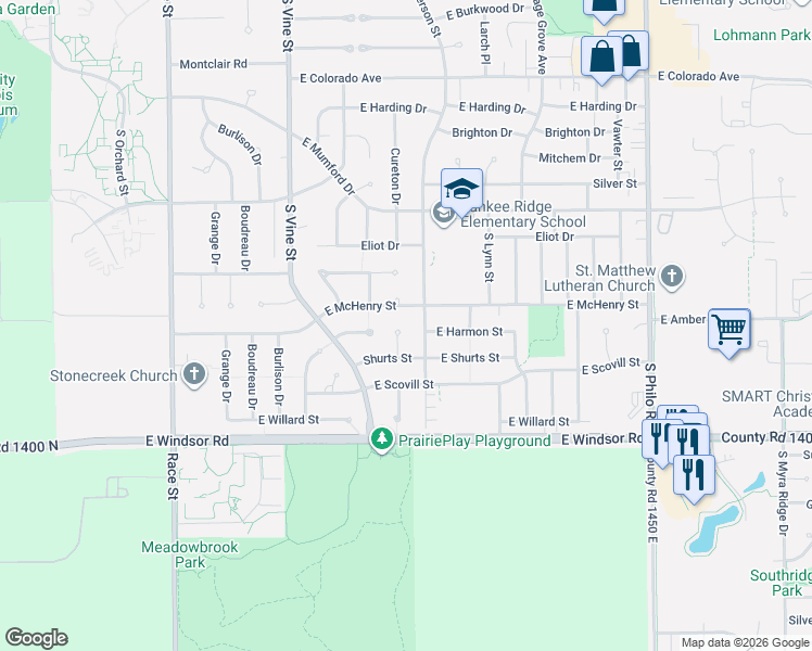 map of restaurants, bars, coffee shops, grocery stores, and more near 607 East McHenry Street in Urbana