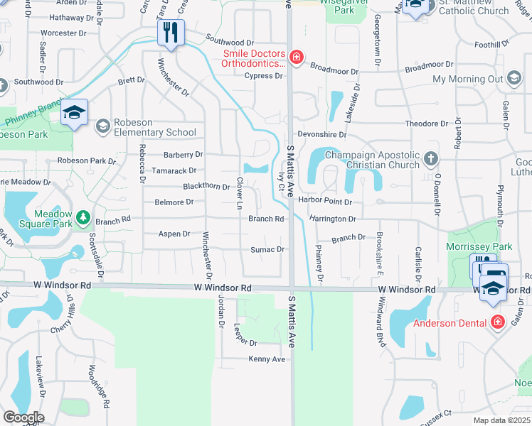 map of restaurants, bars, coffee shops, grocery stores, and more near 1908 Blackthorn Drive in Champaign
