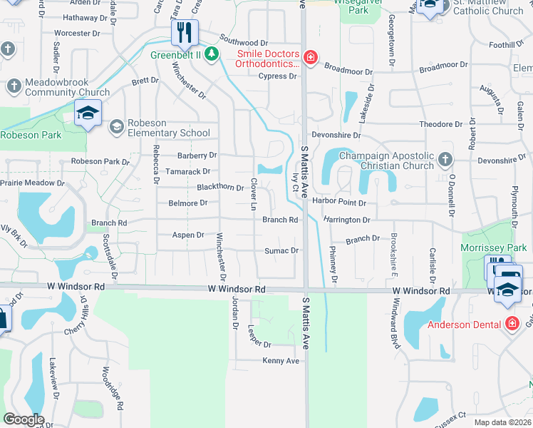 map of restaurants, bars, coffee shops, grocery stores, and more near 1908 Blackthorn Drive in Champaign