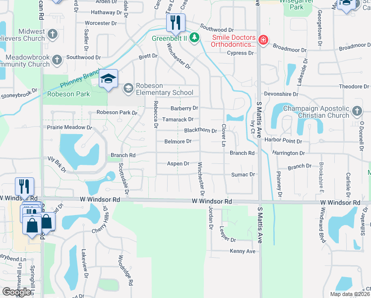 map of restaurants, bars, coffee shops, grocery stores, and more near 2207 Belmore Drive in Champaign