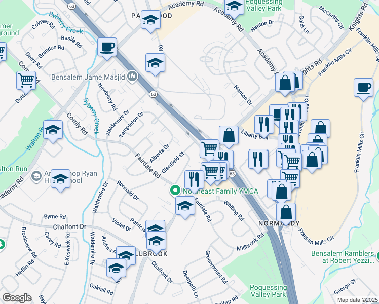 map of restaurants, bars, coffee shops, grocery stores, and more near 12027 Elmore Road in Philadelphia