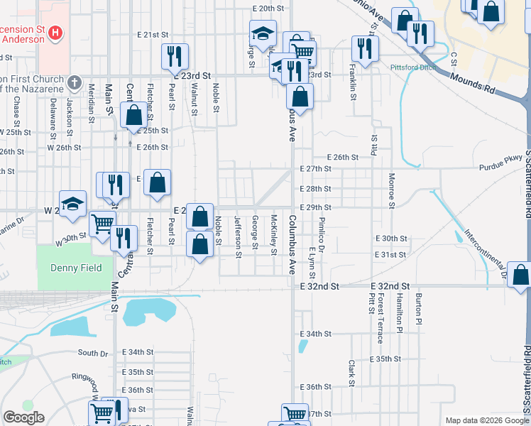 map of restaurants, bars, coffee shops, grocery stores, and more near 908 East 29th Street in Anderson