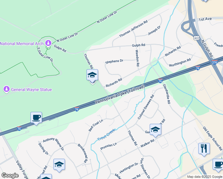 map of restaurants, bars, coffee shops, grocery stores, and more near 520 Richards Rd in Wayne