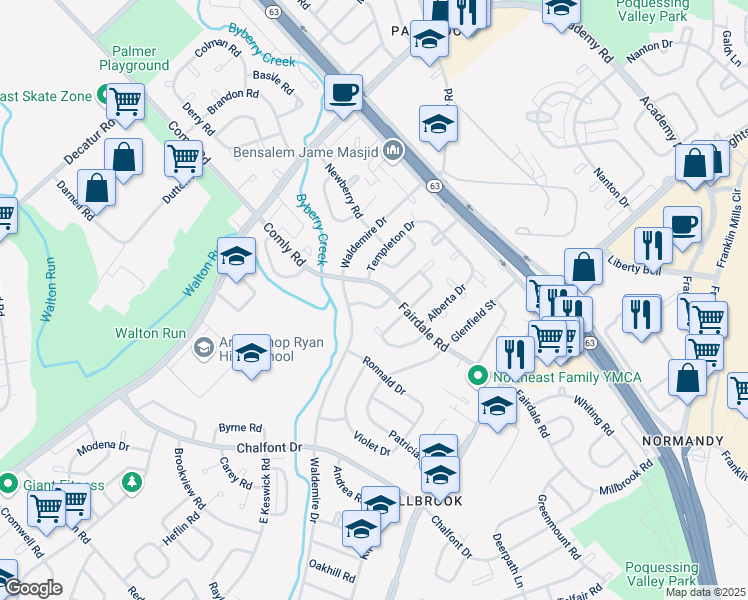 map of restaurants, bars, coffee shops, grocery stores, and more near 11924 Covert Road in Philadelphia