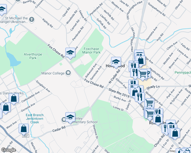 map of restaurants, bars, coffee shops, grocery stores, and more near 634 Seminole Avenue in Jenkintown