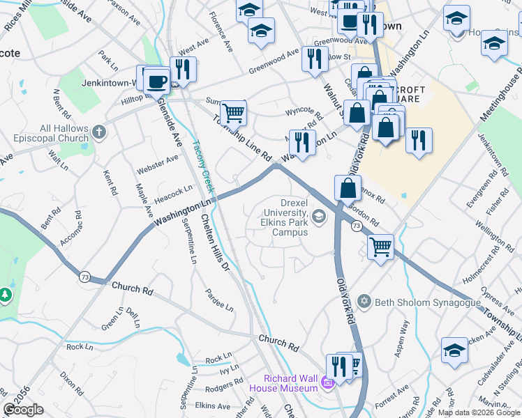 map of restaurants, bars, coffee shops, grocery stores, and more near 185 Linden Drive in Elkins Park