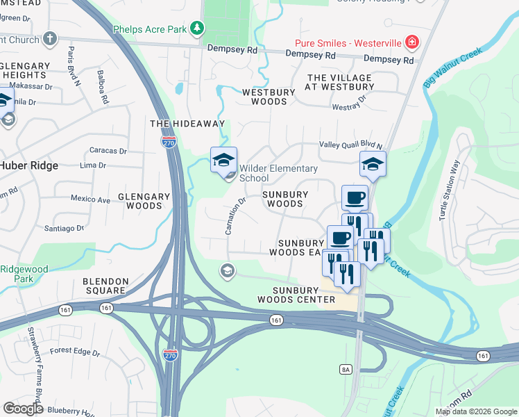 map of restaurants, bars, coffee shops, grocery stores, and more near 4175 Carnation Drive in Westerville