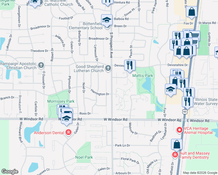 map of restaurants, bars, coffee shops, grocery stores, and more near 2119 Seaton Court in Champaign