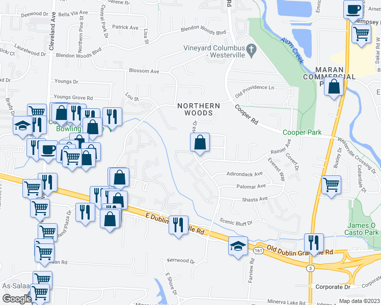 map of restaurants, bars, coffee shops, grocery stores, and more near 5643 Little Ben Circle in Columbus