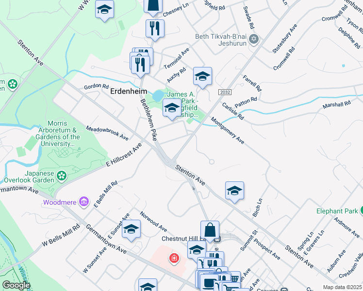 map of restaurants, bars, coffee shops, grocery stores, and more near 411 Paper Mill Road in Glenside