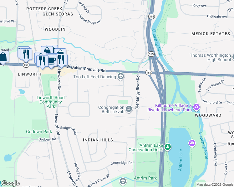map of restaurants, bars, coffee shops, grocery stores, and more near 886 Middlebury Drive West in Worthington