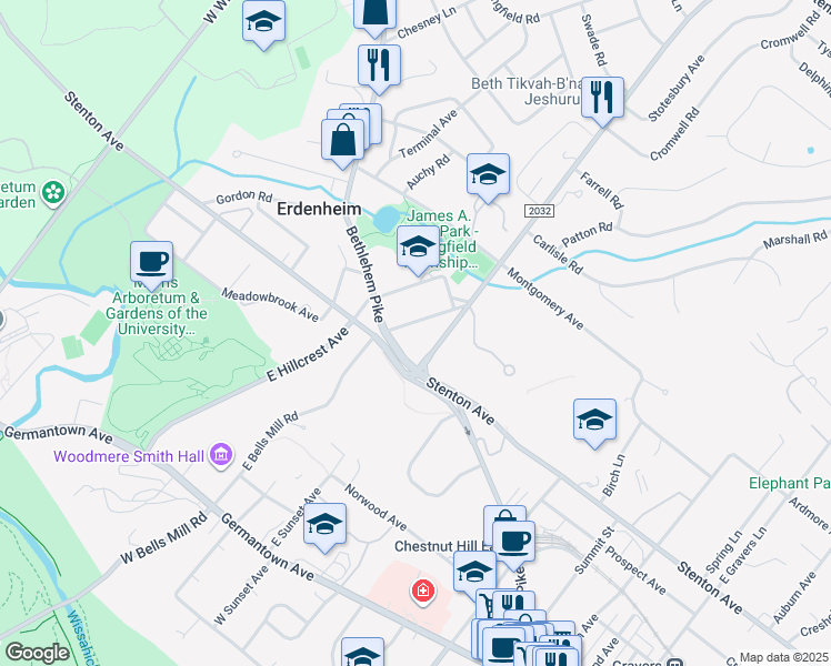 map of restaurants, bars, coffee shops, grocery stores, and more near 18 Bells Mill Road in Erdenheim