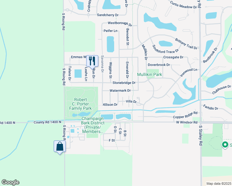 map of restaurants, bars, coffee shops, grocery stores, and more near 4801 Watermark Drive in Champaign