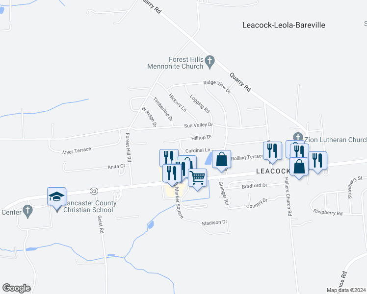 map of restaurants, bars, coffee shops, grocery stores, and more near 343 Cardinal Lane in Leacock-Leola-Bareville