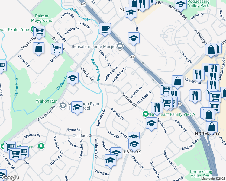 map of restaurants, bars, coffee shops, grocery stores, and more near 11920 Covert Road in Philadelphia
