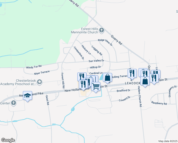 map of restaurants, bars, coffee shops, grocery stores, and more near 343 Cardinal Lane in Leacock-Leola-Bareville