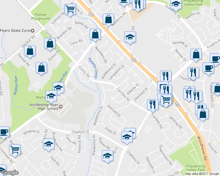 map of restaurants, bars, coffee shops, grocery stores, and more near 11920 Covert Road in Philadelphia