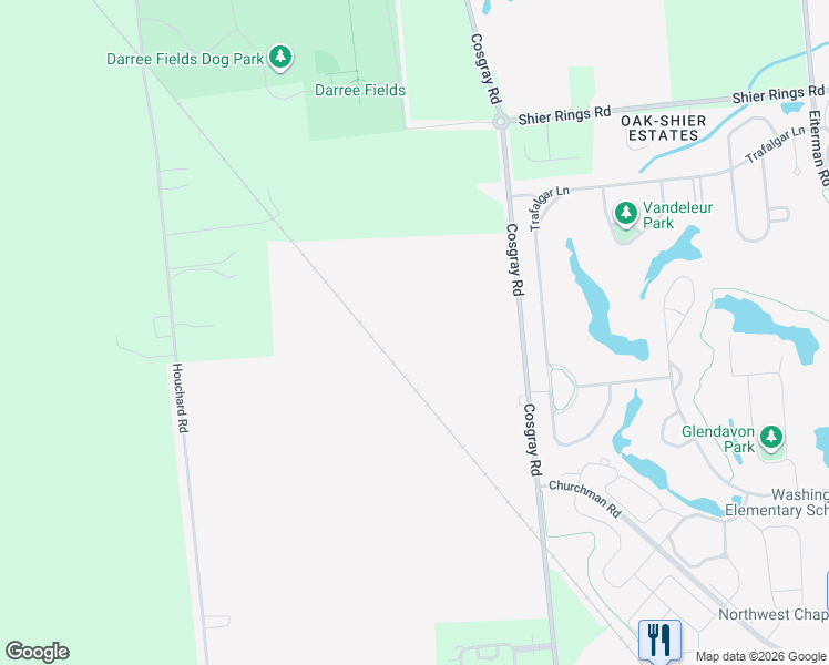 map of restaurants, bars, coffee shops, grocery stores, and more near 5751 Cosgray Road in Dublin