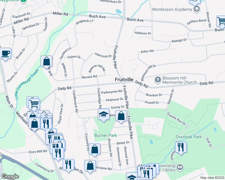 map of restaurants, bars, coffee shops, grocery stores, and more near 421 Parkwynne Road in Lancaster