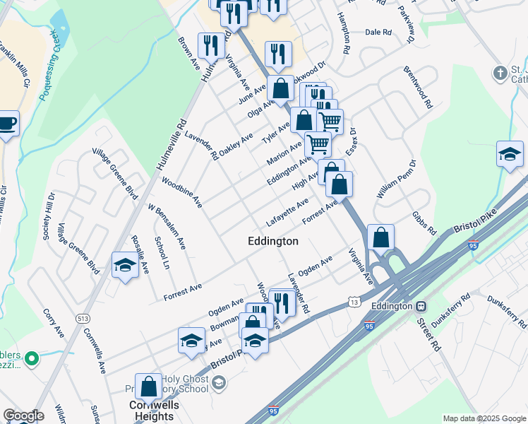 map of restaurants, bars, coffee shops, grocery stores, and more near 2731 High Avenue in Bensalem