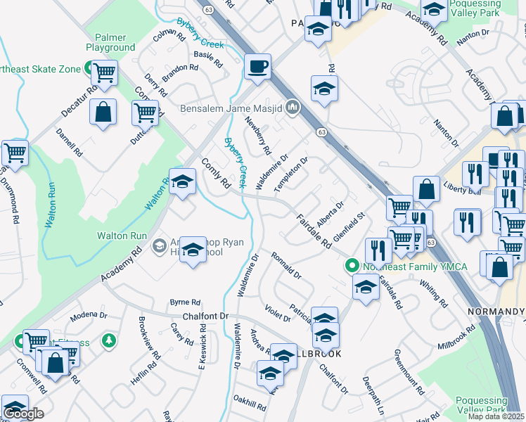 map of restaurants, bars, coffee shops, grocery stores, and more near 11900 Covert Road in Philadelphia