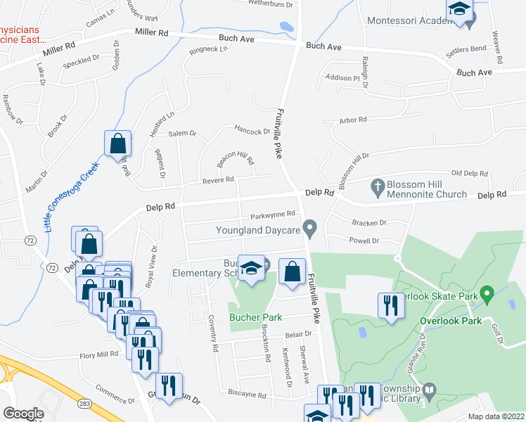 map of restaurants, bars, coffee shops, grocery stores, and more near 421 Parkwynne Road in Lancaster