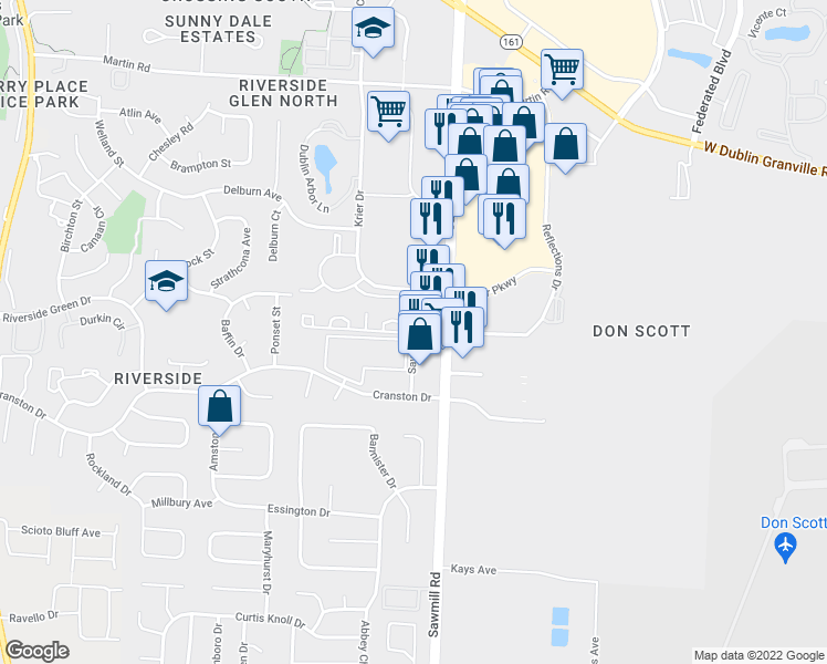 map of restaurants, bars, coffee shops, grocery stores, and more near Sawtooth Ln & Sawdust Ln in Columbus
