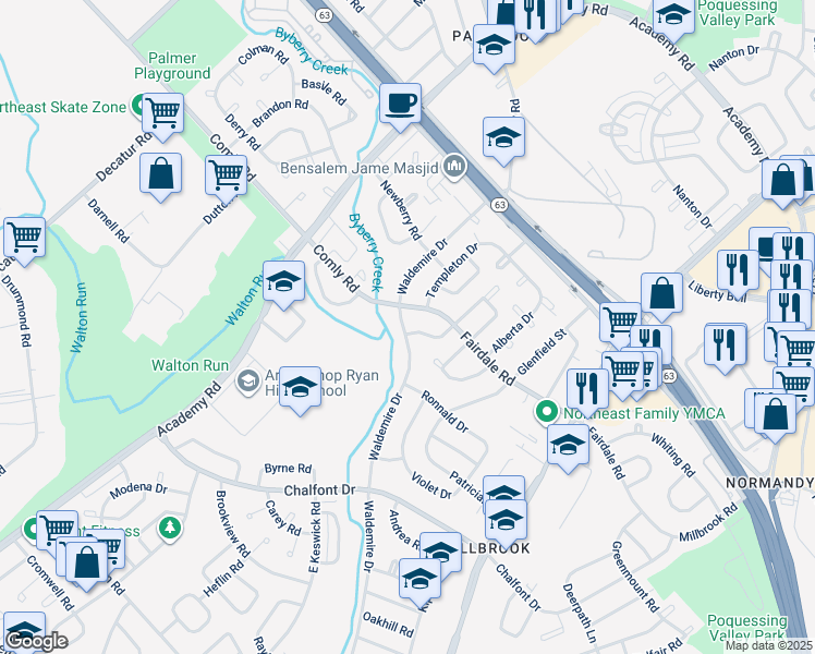 map of restaurants, bars, coffee shops, grocery stores, and more near 11900 Covert Road in Philadelphia