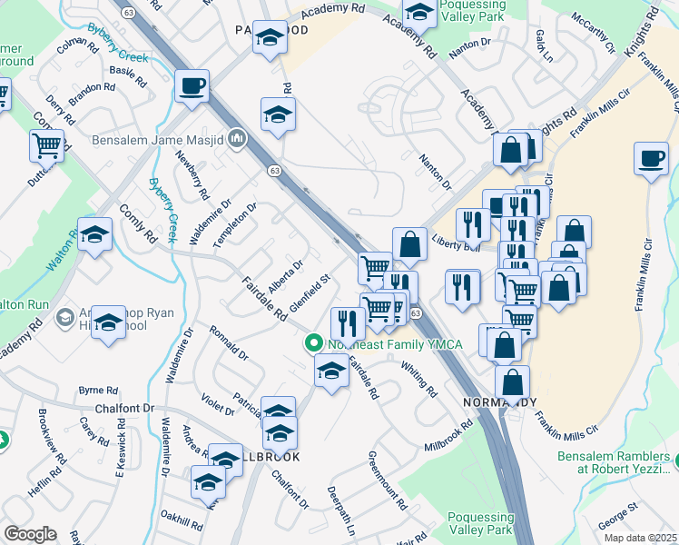 map of restaurants, bars, coffee shops, grocery stores, and more near 12027 Elmore Road in Philadelphia